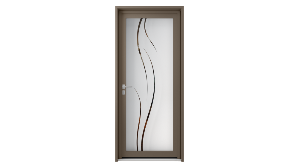 Porte d'entrée parclosé gamme lumière THETA Porte d'entrée vitrée contour taupe avec lignes fines décoratives